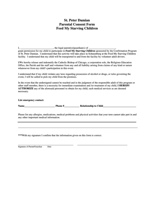 St. Peter Damian Parental Consent Form Feed My Starving Children Printable pdf