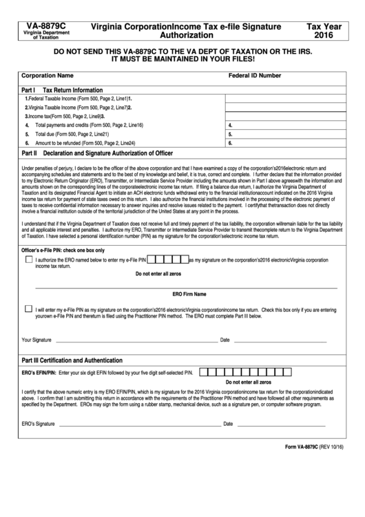 Va-8879c - Virginia Corporation Income Tax E-file Signature Authorization
