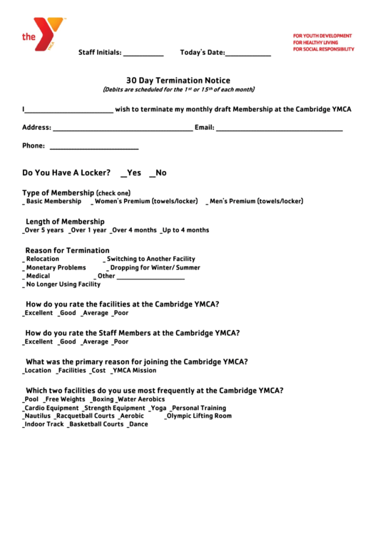Ymca 30 Day Termination Notice Printable pdf