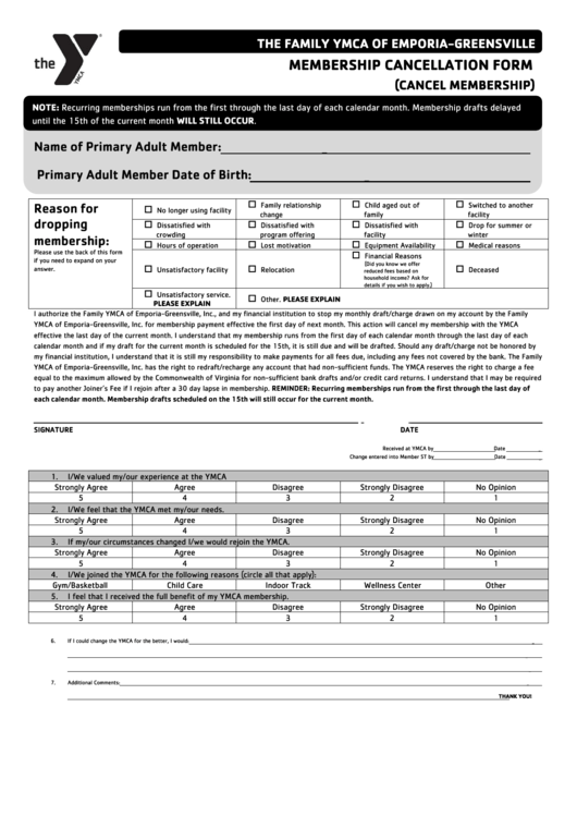 Ymca Of Emporia-Greensville Membership Cancellation Form Printable pdf