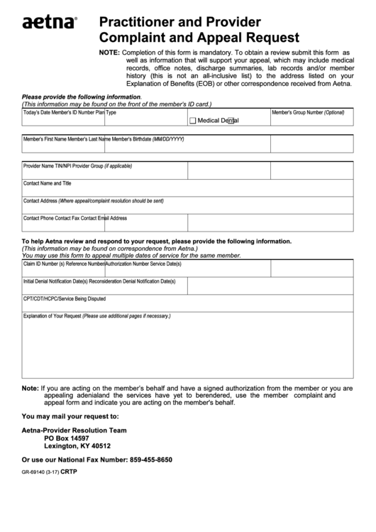 Form Gr-69140 - Aetna Practitioner And Provider Complaint And Appeal Request