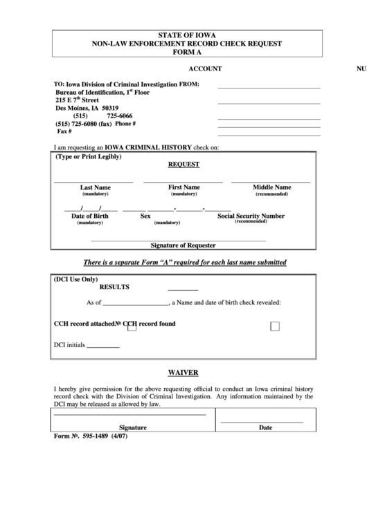 Form 595-1489 - Non-Law Enforcement Record Check Request Form A - Iowa Division Of Criminal Investigation Printable pdf