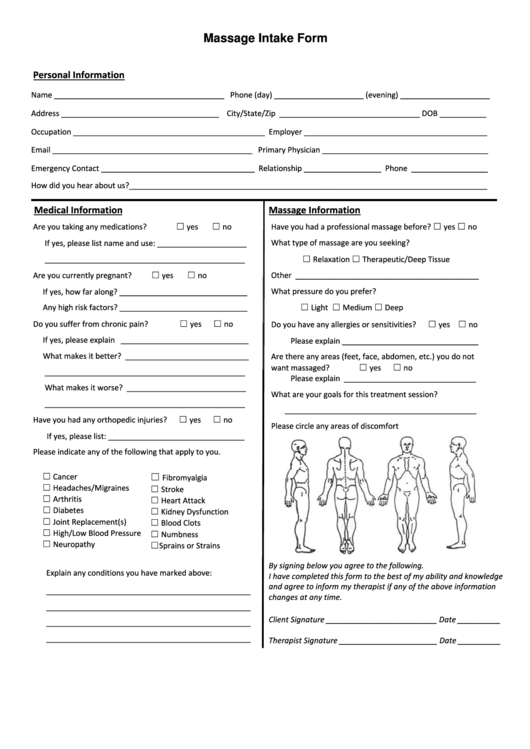 Massage Intake Form printable pdf download