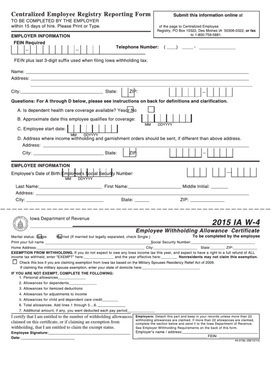Fillable 2015 Ia W-4 - Centralized Employee Registry Reporting Form - Iowa Employee Withholding Allowance Certificate Printable pdf