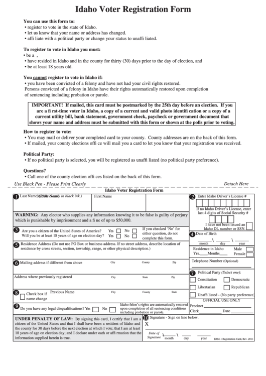 Idaho Voter Registration Form Printable pdf