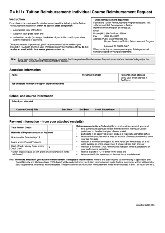 Fillable Publix Tuition Reimbursement: Individual Course Reimbursement Request Form Printable pdf