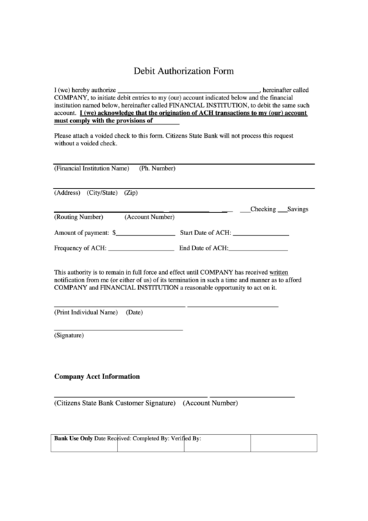 Debit Authorization Form Printable pdf