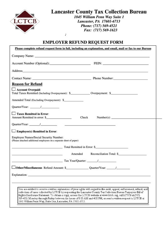 Employer Refund Request Form - Lancaster County Tax Collection Bureau Printable pdf