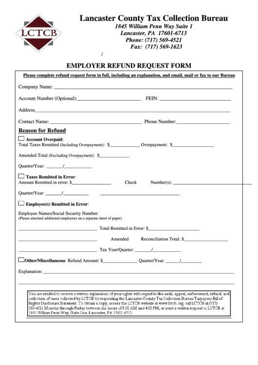 Employer Refund Request Form Lancaster County Tax Collection Bureau Printable Pdf Download