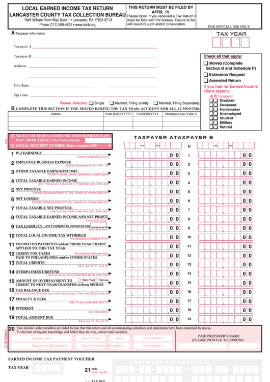Local Earned Income Tax Return - Lancaster County Tax Collection Bureau Printable pdf