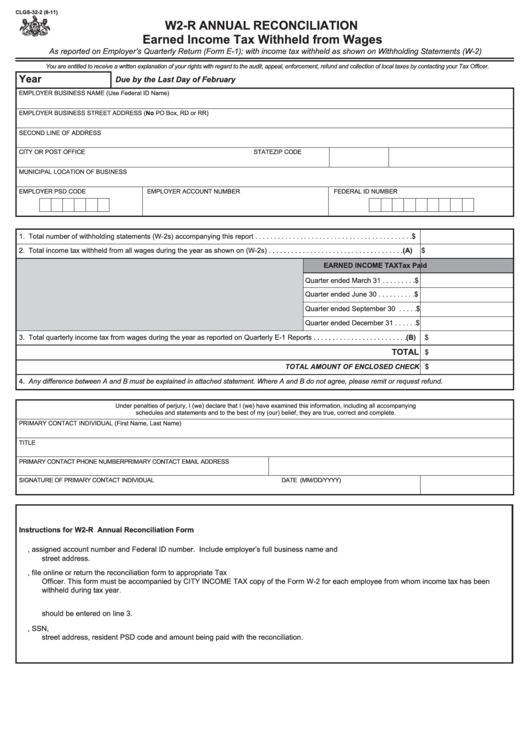 Fillable Form Clgs-32-2 - W2-R Annual Reconciliation Earned Income Tax Withheld From Wages Printable pdf