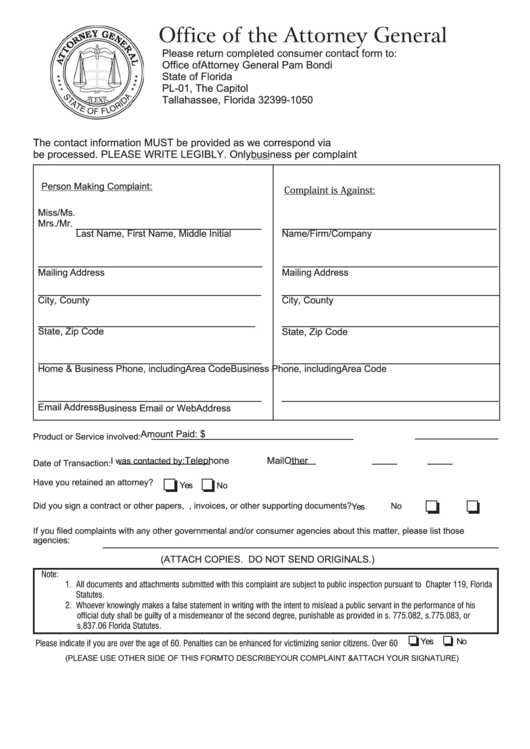 Attorney General Complaint Florida Printable pdf