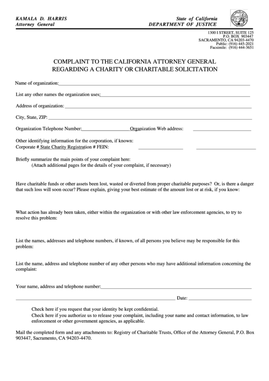 Complaint To The California Attorney General Form