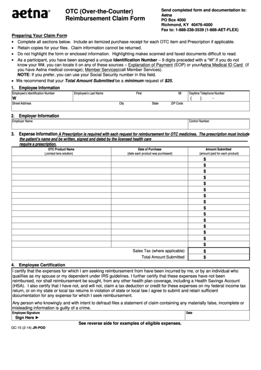 Fillable Form Gc-15 (2-14) - Otc Reimbursement Claim Form Printable pdf