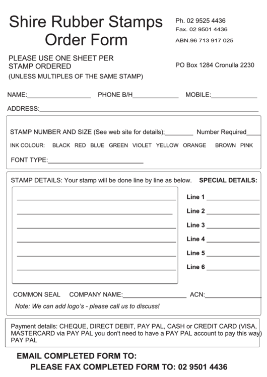 Rubber Stamp Order Form Printable pdf