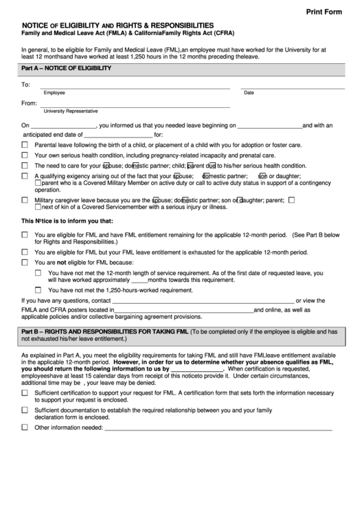 Fillable Notice Of Eligibility And Rights & Responsibilities - Family And Medical Leave Act (Fmla) & California Family Rights Act (Cfra) Printable pdf