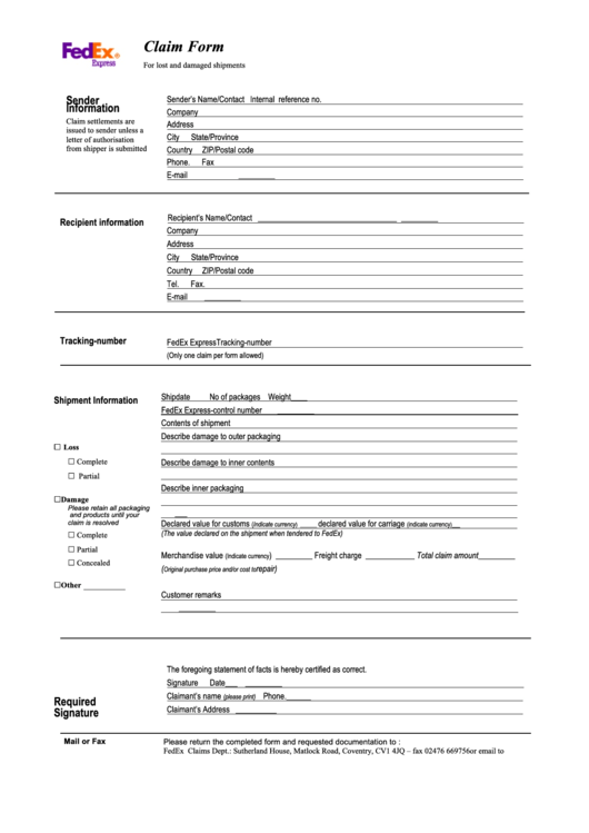 Claim Form - Fedex Claims Dept. Printable pdf