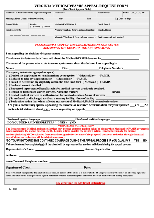 Virginia Medicaid/famis Appeal Request Form Printable pdf