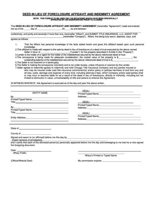 Fillable Deed In Lieu Of Foreclosure Affidavit And Indemnity Agreement Printable pdf
