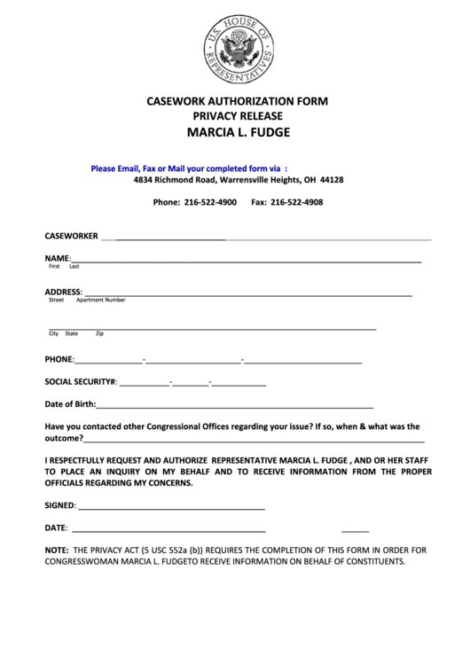 Fillable Casework Authorization Form Printable pdf