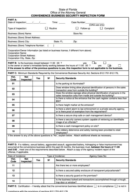 Convenience Business Security Inspection Form - State Of Florida, Office Of The Attorney General Printable pdf