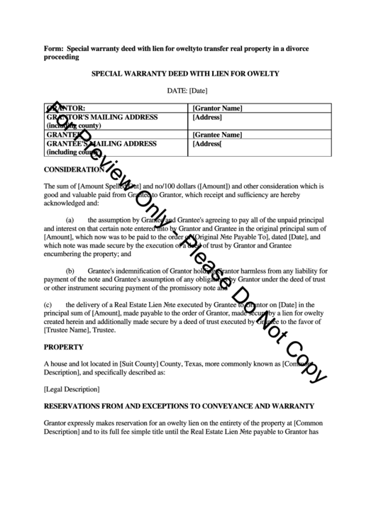 Special Warranty Deed With Lien Printable pdf