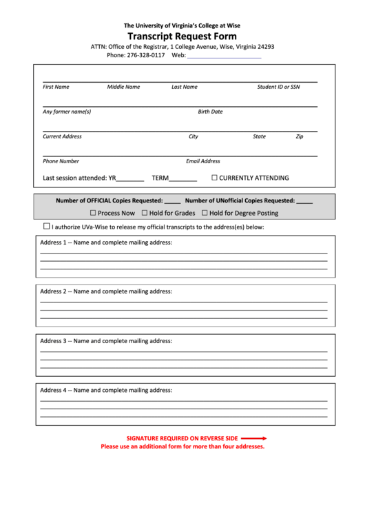 Fillable Transcript Request Form Printable pdf