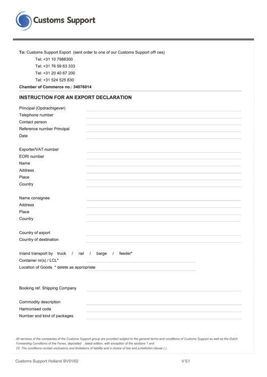 Instruction For An Export Declaration printable pdf download