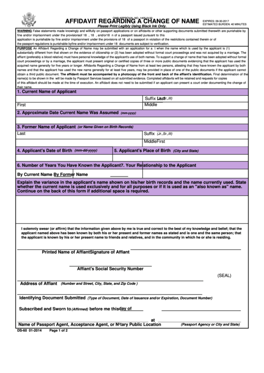 Fillable Affidavit Regarding A Change Of Name Printable pdf