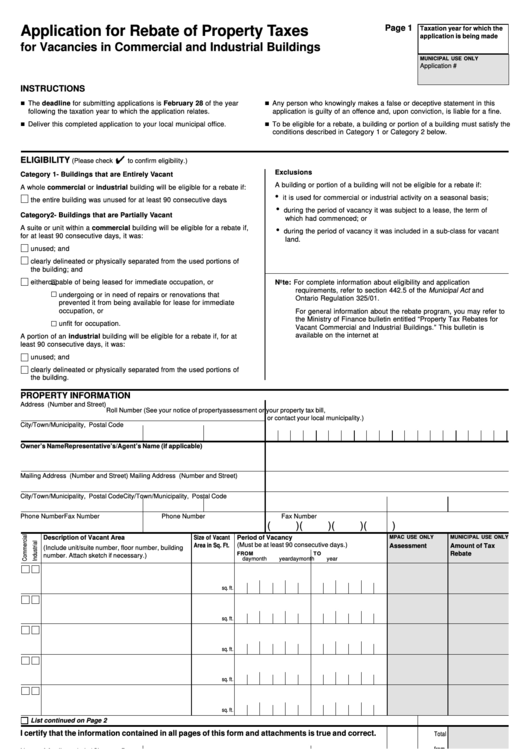 Application For Rebate Of Property Taxes Printable Pdf Download