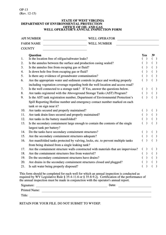 Fillable Well Operator'S Annual Inspection Form printable pdf download