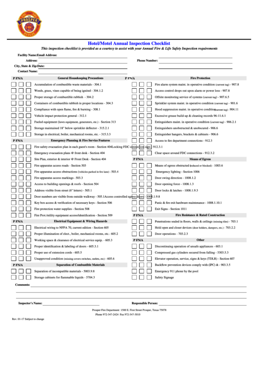 Hotel/motel Annual Inspection Checklist