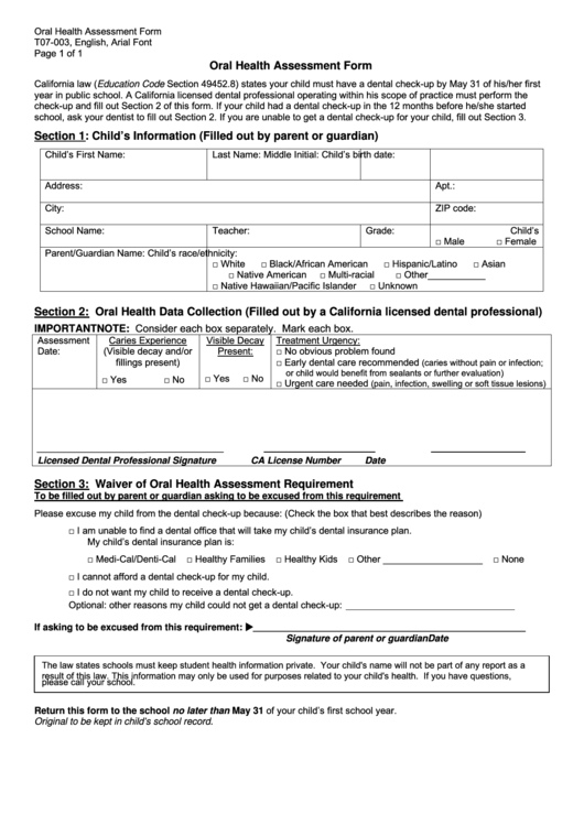 Oral Health Assessment Form Printable pdf