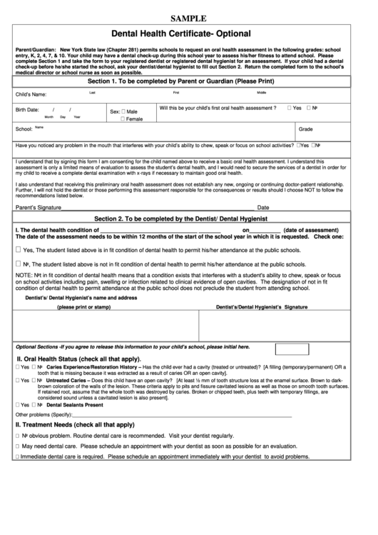 Sample Dental Health Certificate Form Printable pdf