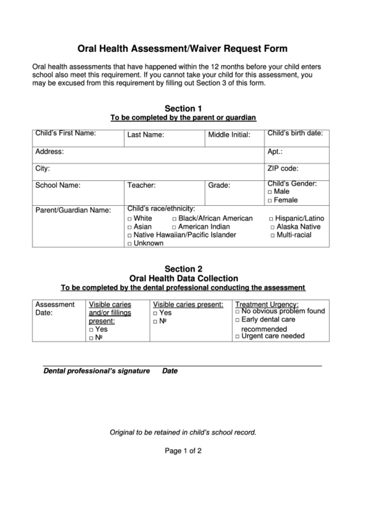 Oral Health Assessment/waiver Request Form Printable pdf