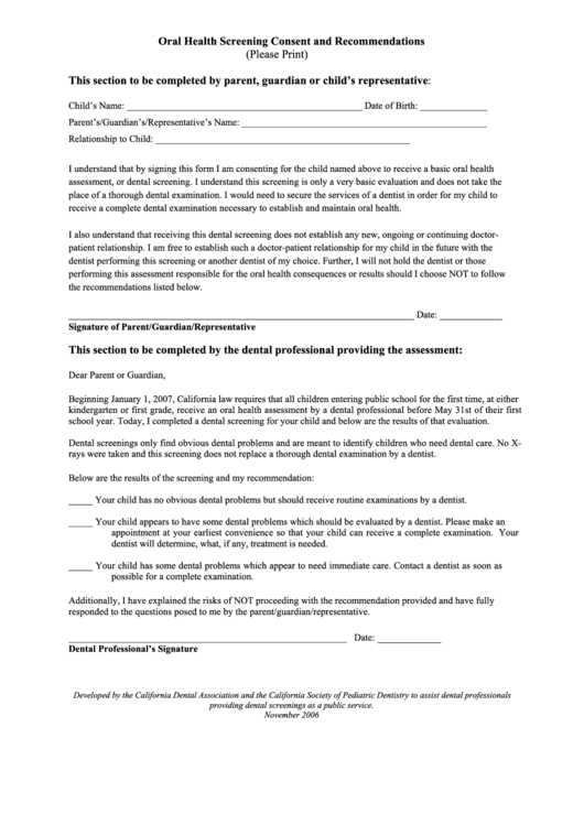 Oral Health Screening Consent And Recommendations Printable pdf