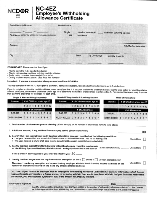 Form Nc-4ez - Employees Withholding Allowance Certificate