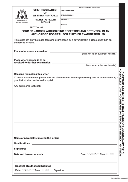 Order Authorizing Reception And Detention In An Authorised Hospital For Further Examination Printable pdf