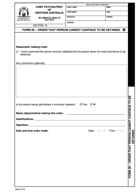 Form 3e - Order That Person Cannot Continue To Be Detained Printable pdf
