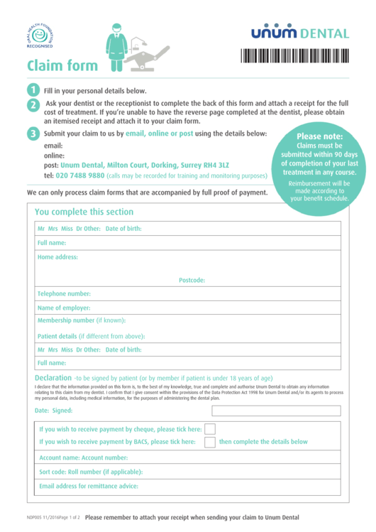 Dental Claim Form Printable pdf