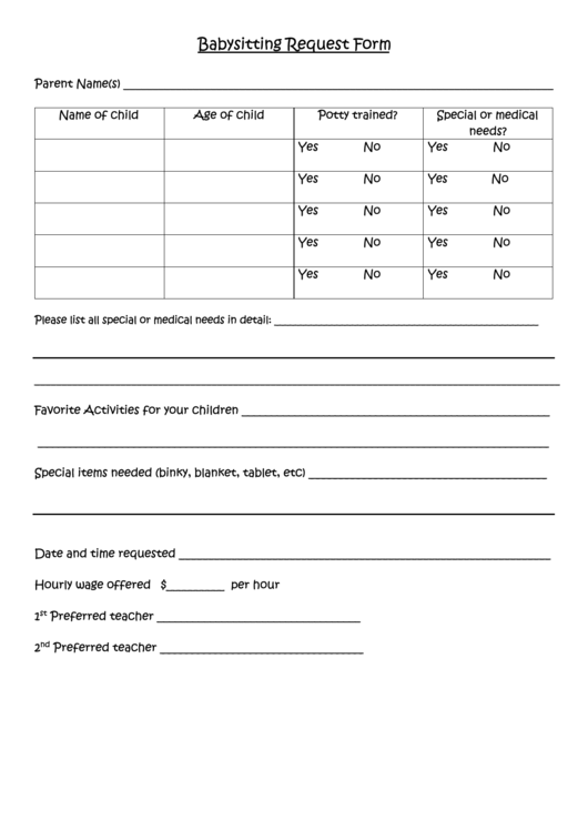 Fillable Babysitting Request Form Printable pdf