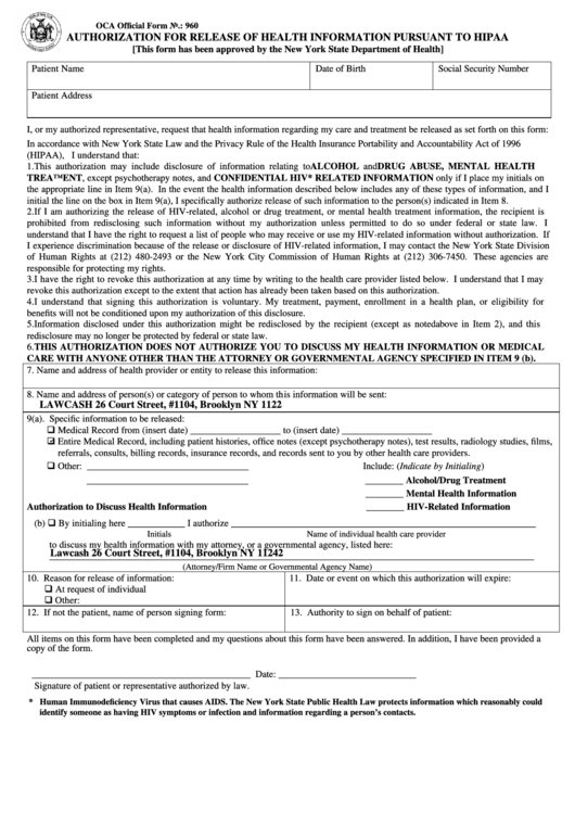 Fillable Ocf Official Form 960 - Authorization For Release Of Health Information Printable pdf