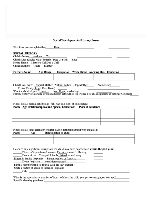 Social/developmental History Form Printable pdf