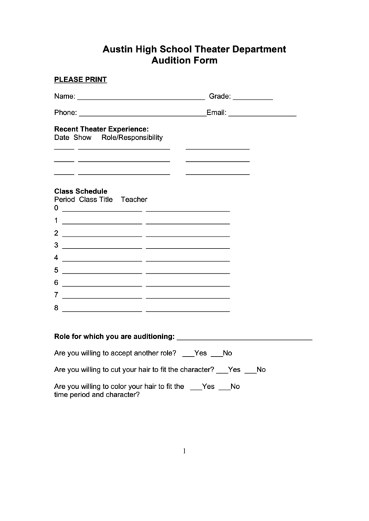 Theater Audition Form printable pdf download