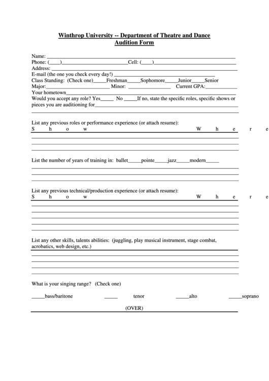 Theater And Dance Audition Form Printable pdf