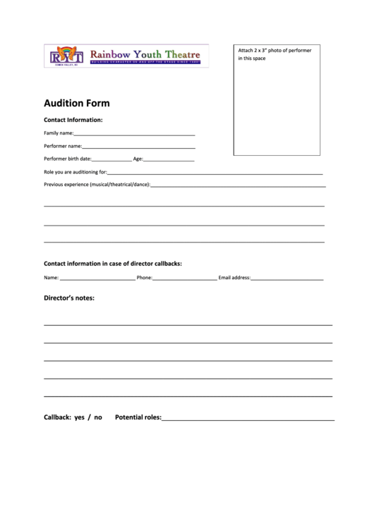 Theatre Audition Form Printable pdf