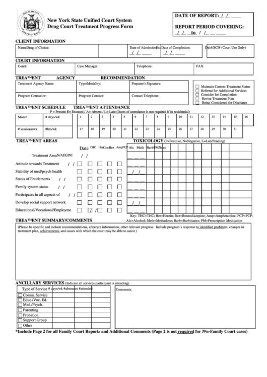 New York State Unified Court System Drug Court Treatment Progress Form Printable pdf