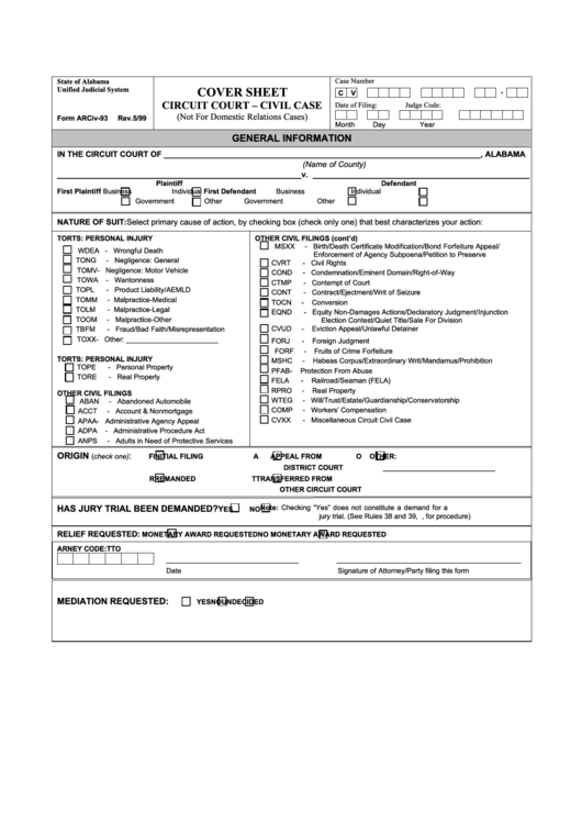 Form Arciv-93 - Cover Sheet Circuit Court - Civil Case - State Of Alabama Unified Judicial System Printable pdf