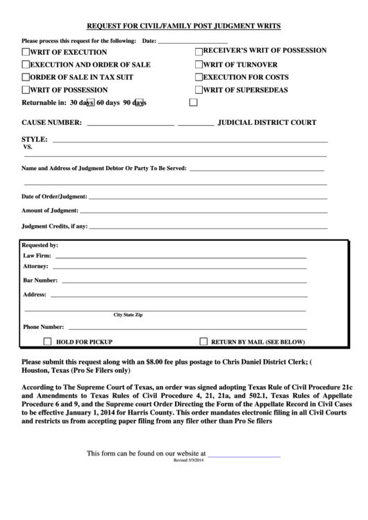 Request Form For Civil/family Post Judgment Writs Printable pdf