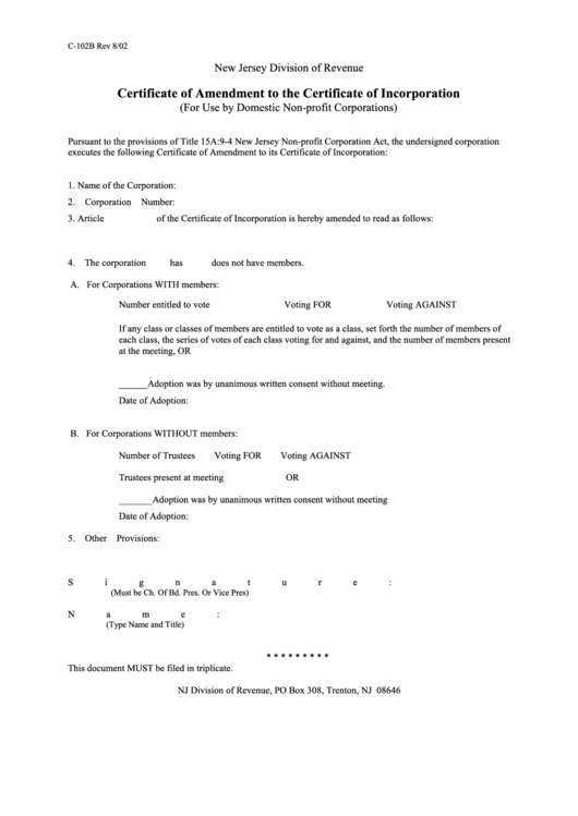 Fillable Form C-102b - Certificate Of Amendment To The Certificate Of Incorporation Printable pdf